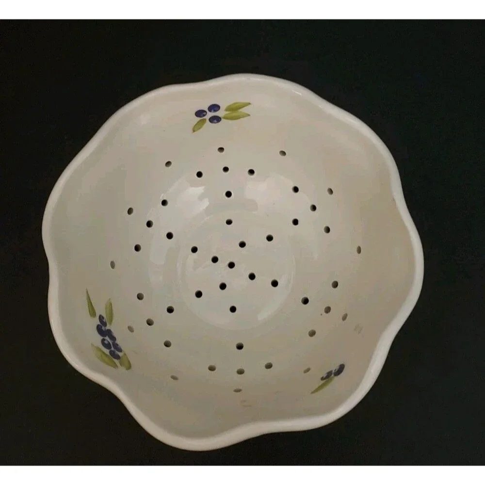 Colander Scalloped Rim Bowl Hand Painted Ceramic W/ Blueberry & Leaf Design